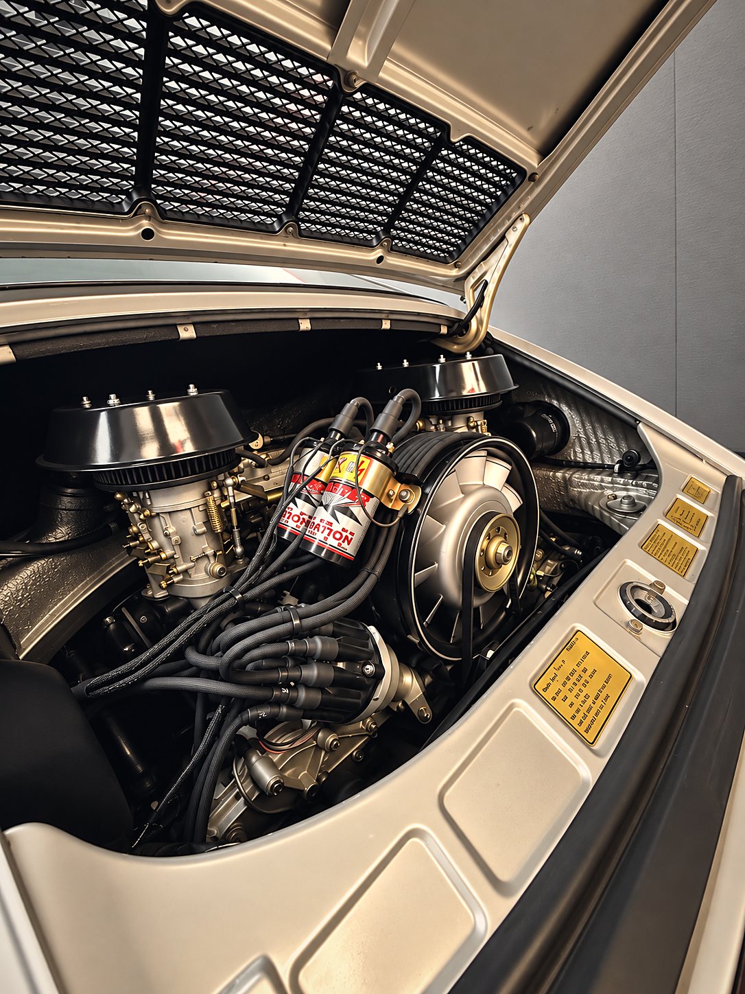 An air-cooled 911 engine bay on the club floor: twin air cleaners, the fan shroud and a fresh coil.