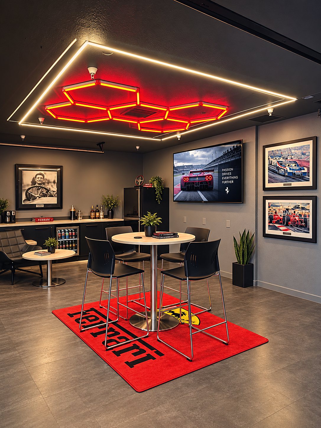 The club lounge: a bar table on a Ferrari rug under the hex neon, race art on the walls, drinks fridge behind.