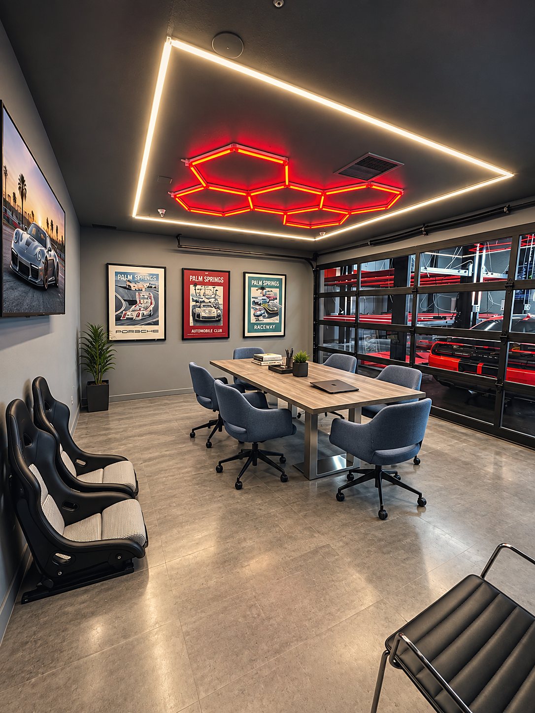 The club's conference room: racing seats along the wall, Palm Springs posters, and the floor through the glass door.